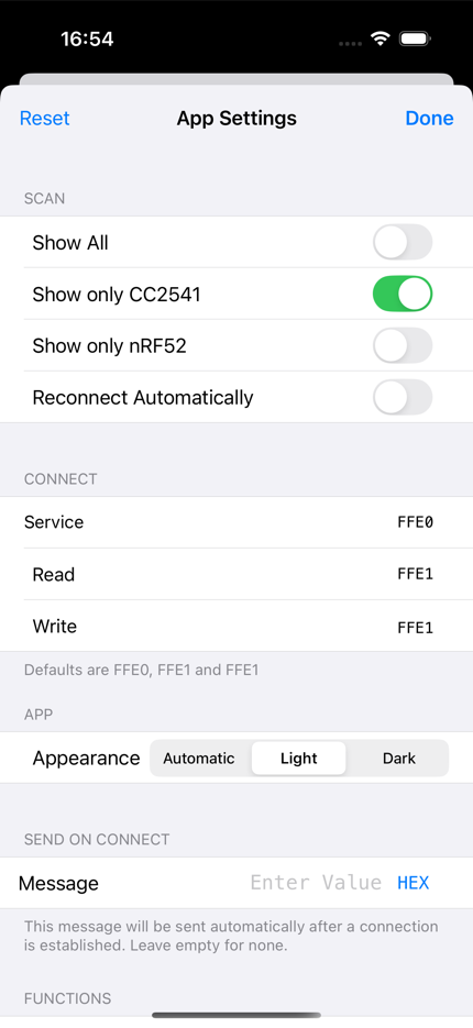 App Settings showing the scan switches, the connect UUIDs, send on connect, and the function import and export buttons