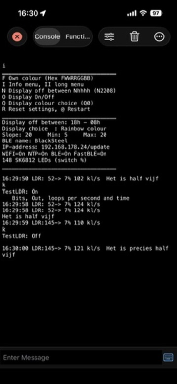 The console in dark mode on an iPhone, showing live readings from a light sensor