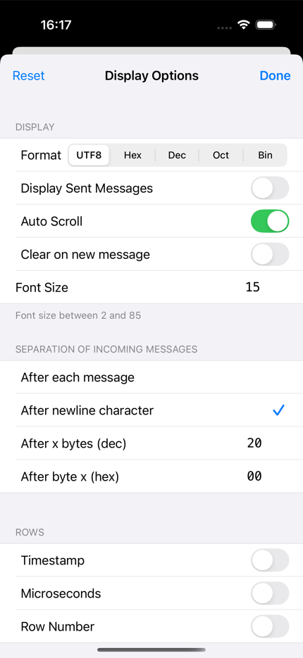 Display options: format, sent messages, auto scroll, font size, line separation and row extras