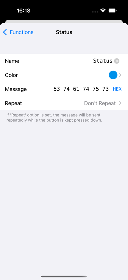 The button editor with fields for name, colour, message and repeat