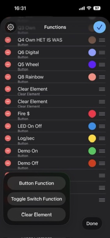 Adding a function: a menu offering Button Function, Toggle Switch Function and Clear Element