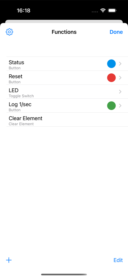 The functions list showing two buttons, a toggle switch, another button and a clear element