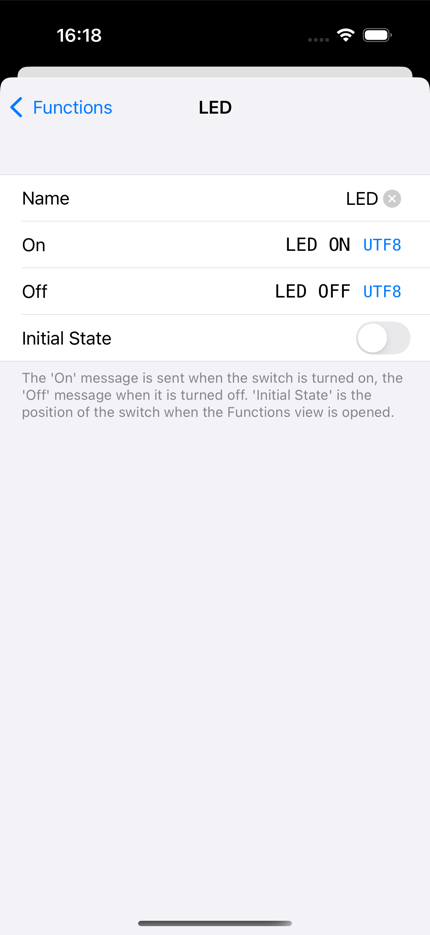The toggle switch editor with name, on message, off message and initial state