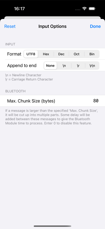 Input options: format, append to end, and maximum chunk size