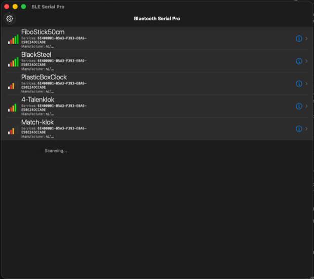 The scan list showing five devices, each with a coloured signal bar and its advertised service UUID